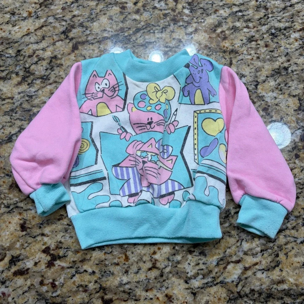 Vintage Tuff Cookies Kids Sweatshirt 12M Pink Turquoise Cat Graphic Pullover